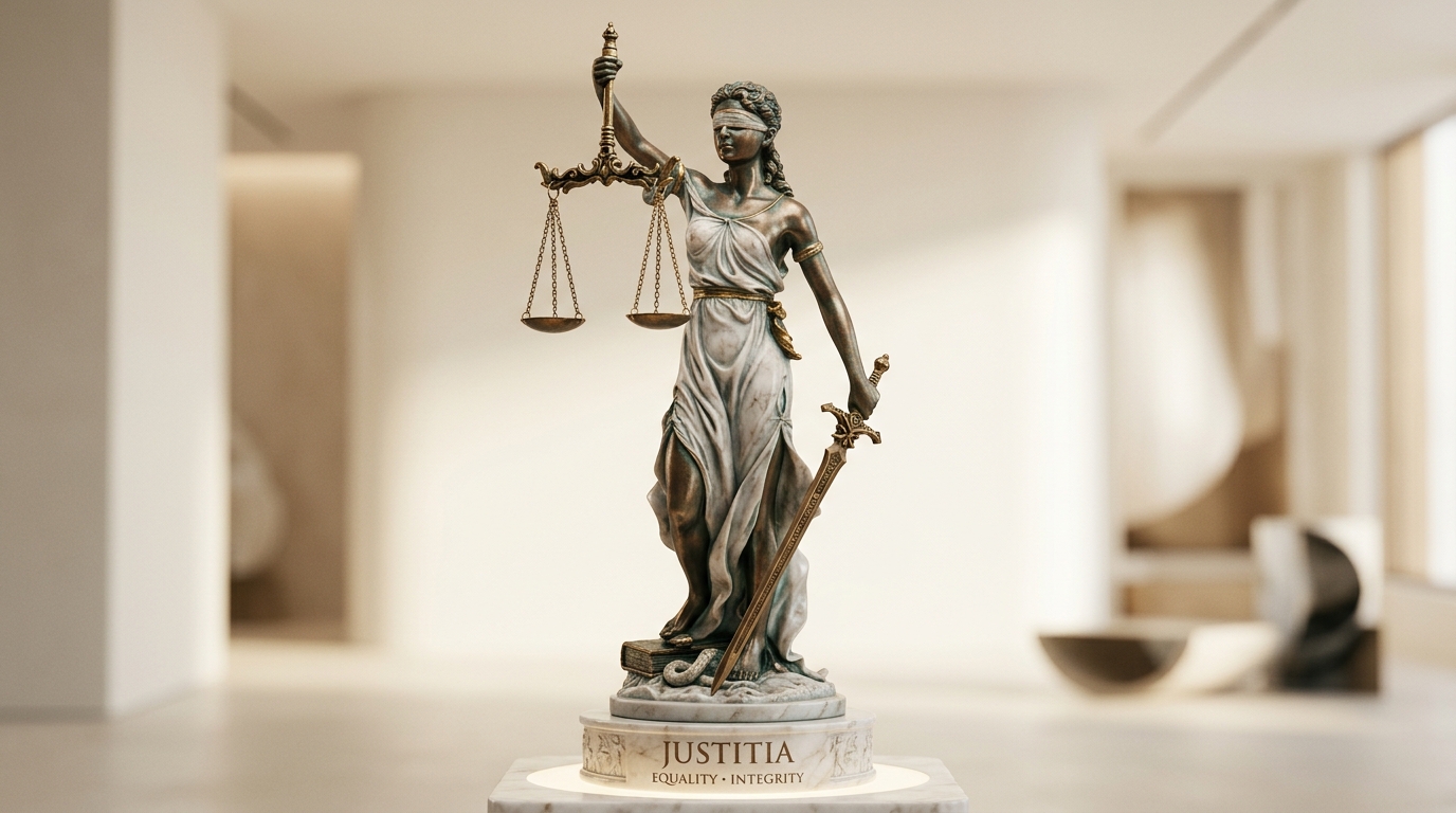 Statue of Lady Justice holding balanced scales